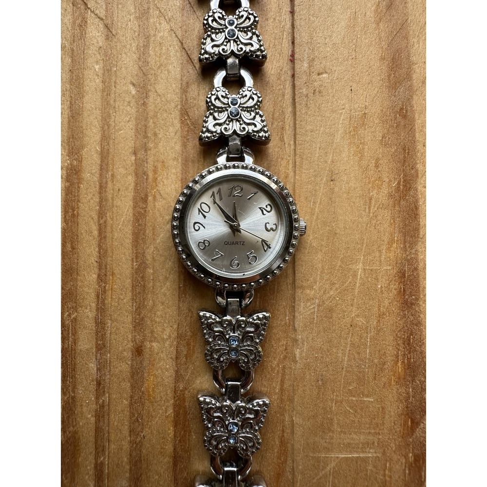 VTG BWC Womens Bracelet Watch Silver Tone Metal Butterfly Band Blue Gem WORKS